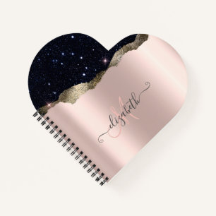 Modern Black Glitter Rose Gold Monogram Notebook