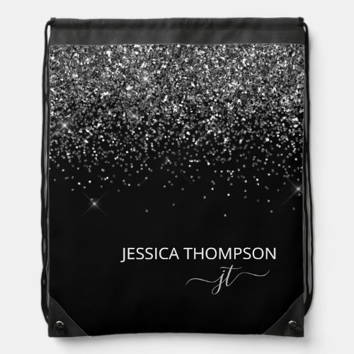Modern Black Glitter Simple Script Monogram Name  Drawstring Bag