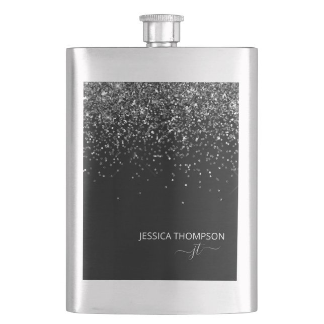 Modern Black Glitter Simple Script Monogram Name  Flask (Front)