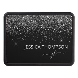 Modern Black Glitter Simple Script Monogram Name Hitch Cover