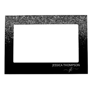 Modern Black Glitter Simple Script Monogram Name  Magnetic Frame