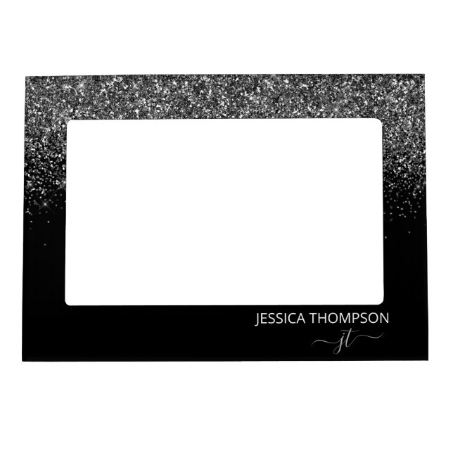 Modern Black Glitter Simple Script Monogram Name  Magnetic Frame (Front)