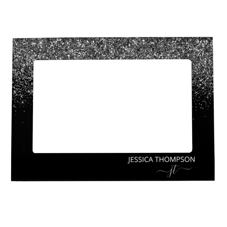Modern Black Glitter Simple Script Monogram Name Frame Zazzle