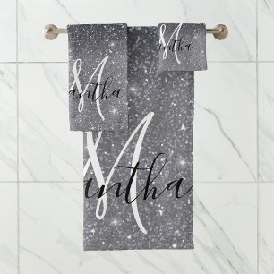 Modern Black Glitter Sparkles Personalized Name Bath Towel Set