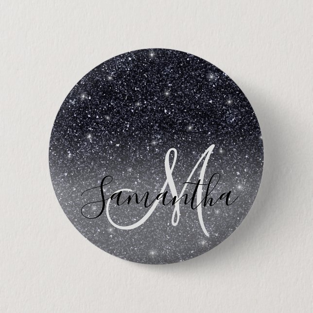 Modern Black Glitter Sparkles Personalized Name Button (Front)