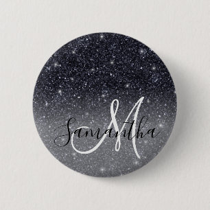 Modern Black Glitter Sparkles Personalized Name Button