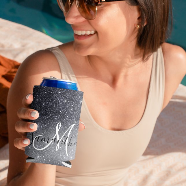 Modern Black Glitter Sparkles Personalized Name Can Cooler (Creator Uploaded)