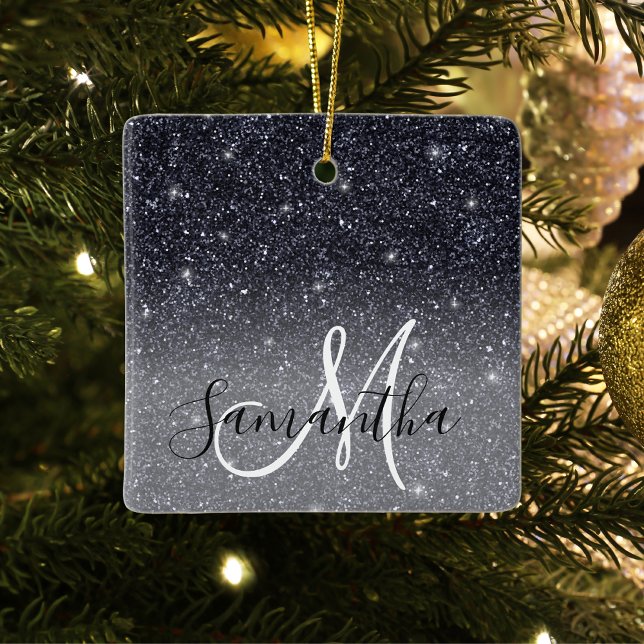 Modern Black Glitter Sparkles Personalized Name Ceramic Ornament (Creator Uploaded)