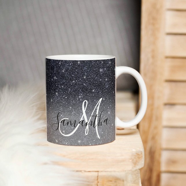 Modern Black Glitter Sparkles Personalized Name Coffee Mug (Creator Uploaded)
