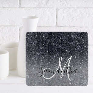 Modern Black Glitter Sparkles Personalized Name Cutting Board