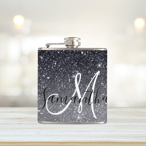 Modern Black Glitter Sparkles Personalized Name Flask