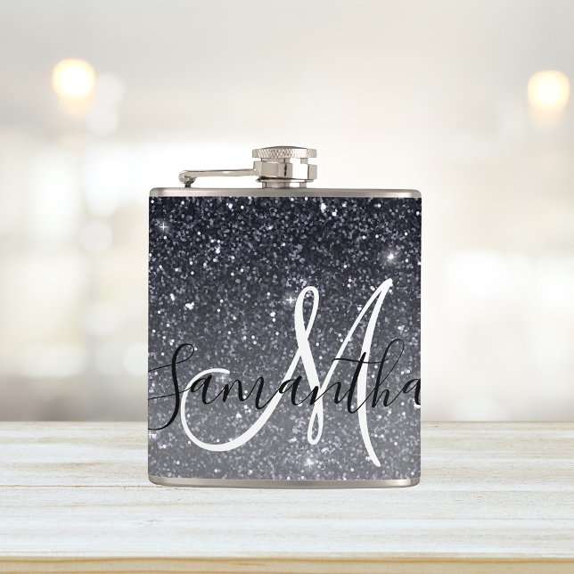 Modern Black Glitter Sparkles Personalized Name Flask (Creator Uploaded)