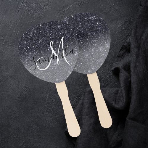 Modern Black Glitter Sparkles Personalized Name Hand Fan