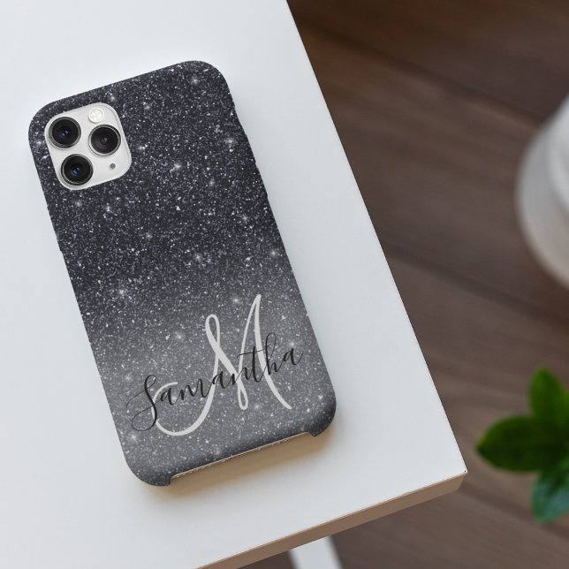 Modern Black Glitter Sparkles Personalized Name iPhone Case (Creator Uploaded)
