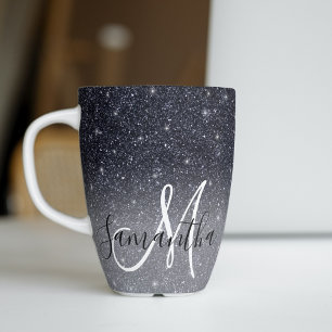 Modern Black Glitter Sparkles Personalized Name Latte Mug