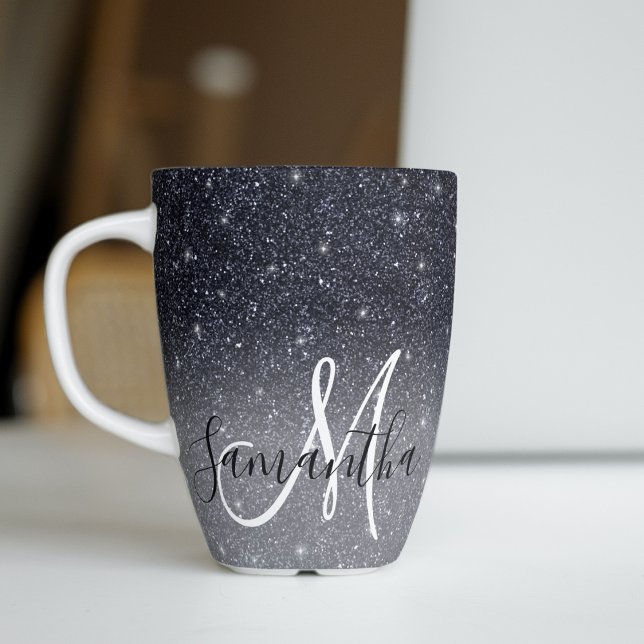 Modern Black Glitter Sparkles Personalized Name Latte Mug (Creator Uploaded)