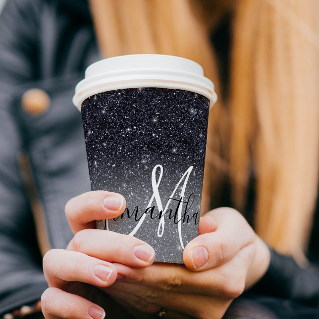 Modern Black Glitter Sparkles Personalized Name Paper Cups (Creator Uploaded)