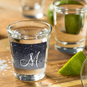 Modern Black Glitter Sparkles Personalized Name Shot Glass