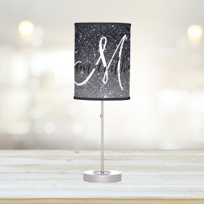 Modern Black Glitter Sparkles Personalized Name Table Lamp