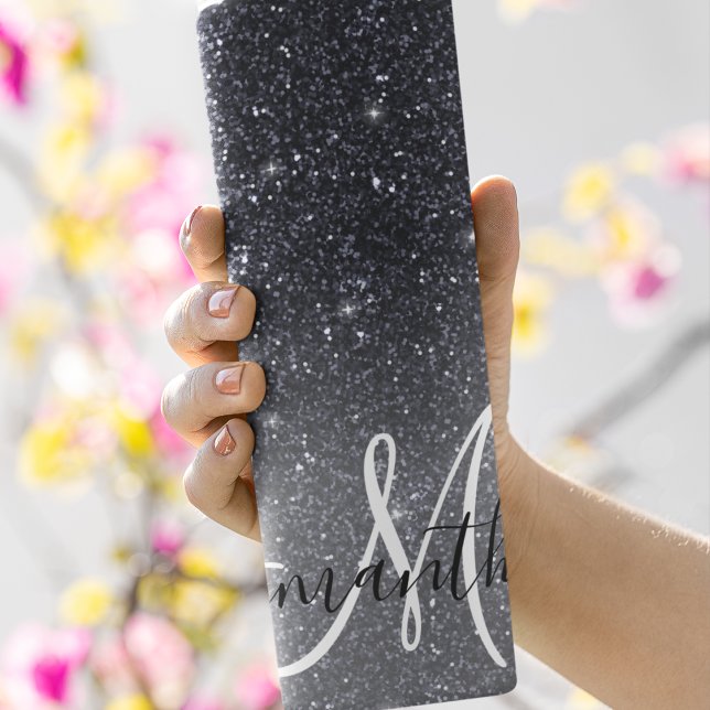Modern Black Glitter Sparkles Personalized Name Thermal Tumbler (Creator Uploaded)
