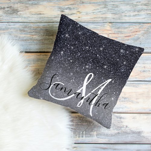 Modern Black Glitter Sparkles Personalized Name Throw Pillow