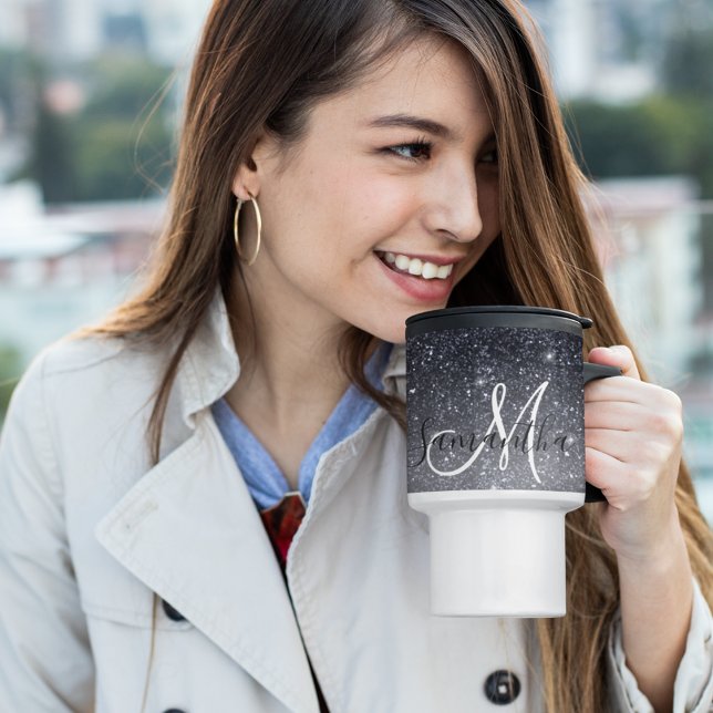 Modern Black Glitter Sparkles Personalized Name Travel Mug (Creator Uploaded)