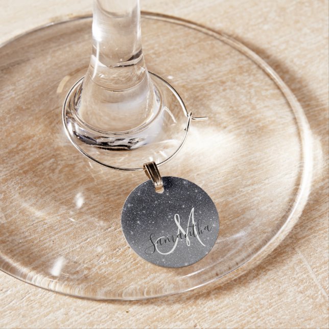 Modern Black Glitter Sparkles Personalized Name Wine Charm (In Situ)