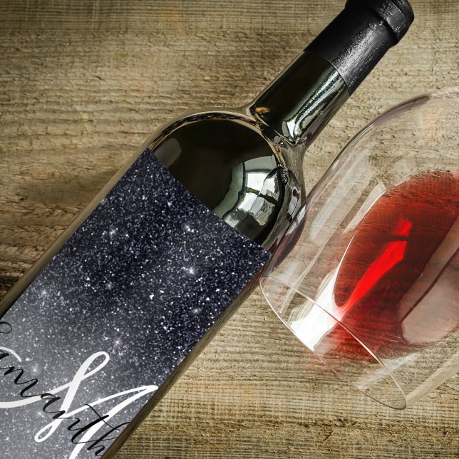 Modern Black Glitter Sparkles Personalized Name Wine Label (Creator Uploaded)