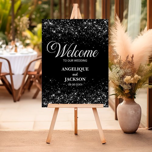 Modern Black Glitter Wedding Welcome Sign