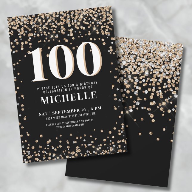 Modern Black Gold 100th Birthday Invitation (Black Gold 100th Birthday Invitation)
