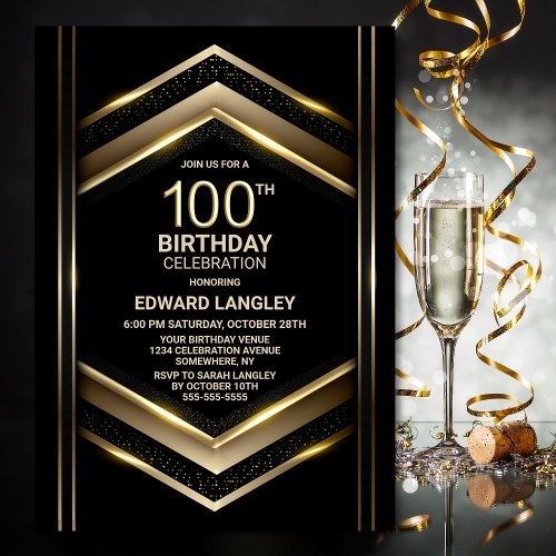 Modern Black Gold 100th Birthday Party Invitation