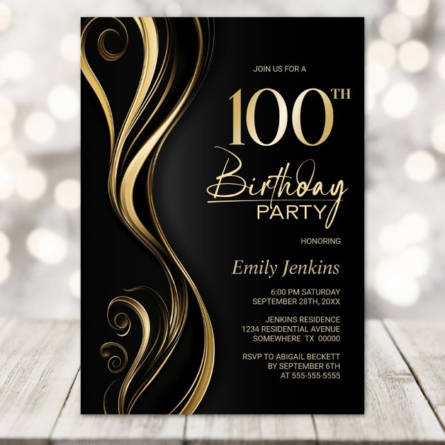 Modern Black Gold 100th Birthday Party Invitation (Creator Uploaded)