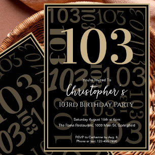 Modern Black Gold 103rd Birthday Invitation 