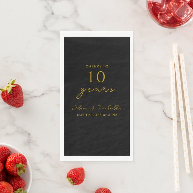 Modern Black Gold 10th Wedding Anniversary Party Paper Guest Towels (Insitu)
