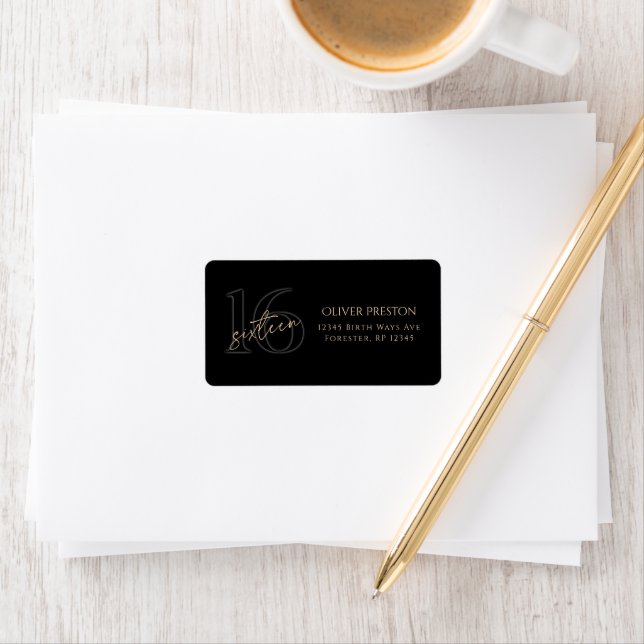 Modern Black Gold 16th Birthday Address Label (Insitu)