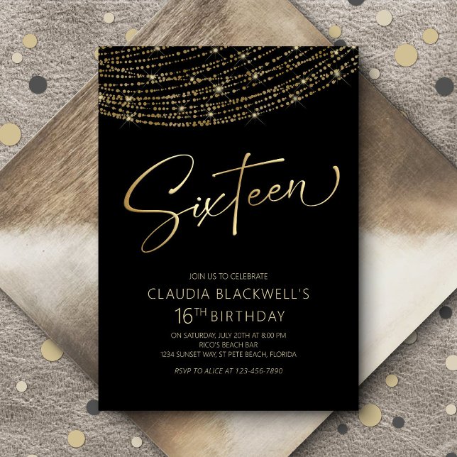 Modern Black Gold 16th Birthday Invitation (Creator Uploaded)