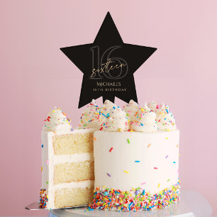 Modern Black Gold 16th Birthday Party Cake Topper