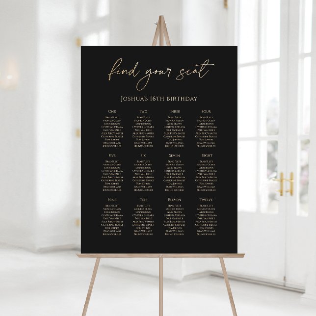 Modern Black Gold 16th Birthday Seating Chart Foam Board (Luxury Black Gold 16th Birthday Seating Chart Foam Board)