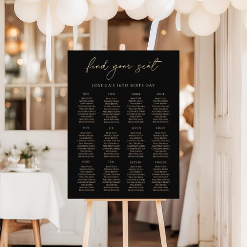 Modern Black Gold 16th Birthday Seating Chart Foam Board
