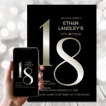 Modern Black Gold 18th Birthday Party Invitation<br><div class="desc">Invite your friends and loved ones with this modern black and gold 18th birthday party invitation. The customizable text area in this invitation template allows you to effortlessly include all the necessary details for your special birthday celebration, including the date, time, venue, and RSVP information. A variety of paper types...</div>