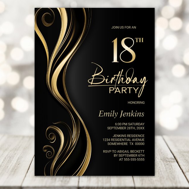 Modern Black Gold 18th Birthday Party Invitation (Creator Uploaded)