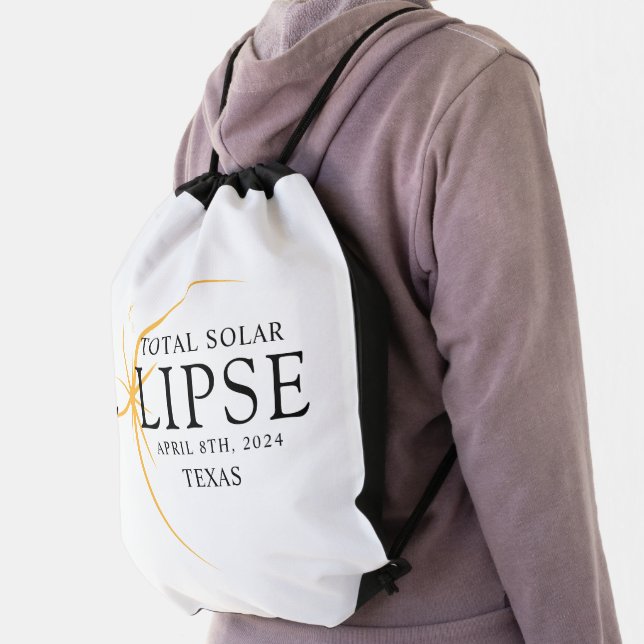 Modern Black & Gold 2024 Texas Total Solar Eclipse Drawstring Bag (Insitu)