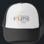 Modern Black & Gold 2024 Texas Total Solar Eclipse Trucker Hat<br><div class="desc">Introducing our Modern Black & Gold 2024 Texas Total Solar Eclipse Custom T-Shirt, a stylish and commemorative piece for this rare celestial event. this shirt captures the elegance and excitement of the total solar eclipse. With the year 2024 boldly displayed, along with the location of Texas, it serves as a...</div>