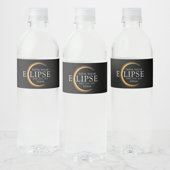 Modern Black & Gold 2024 Texas Total Solar Eclipse Water Bottle Label (Bottles)