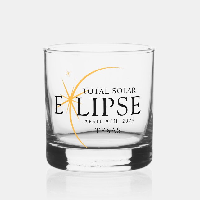 Modern Black & Gold 2024 Texas Total Solar Eclipse Whiskey Glass (Front)