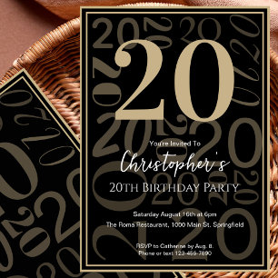 Modern Black Gold 20th Birthday Invitation For Him