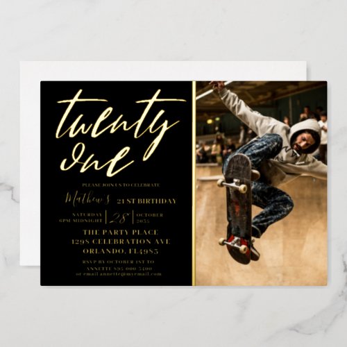 Modern Black  Gold 21st Birthday Invitation Foil Invitation