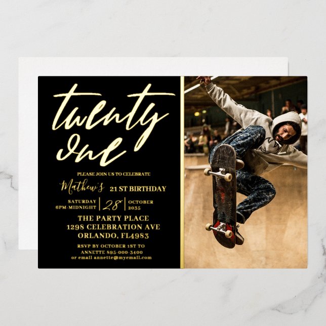 Modern Black & Gold 21'st Birthday Invitation Foil Invitation (Front/Back)