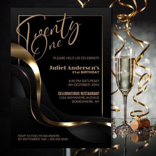 Modern Black Gold 21st Birthday Party Invitation