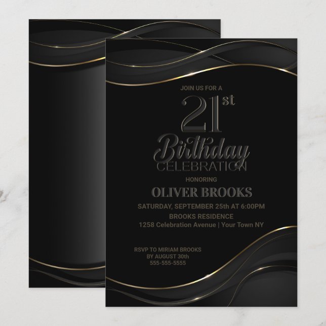 Modern Black Gold 21st Birthday Party Invitation (Front/Back)